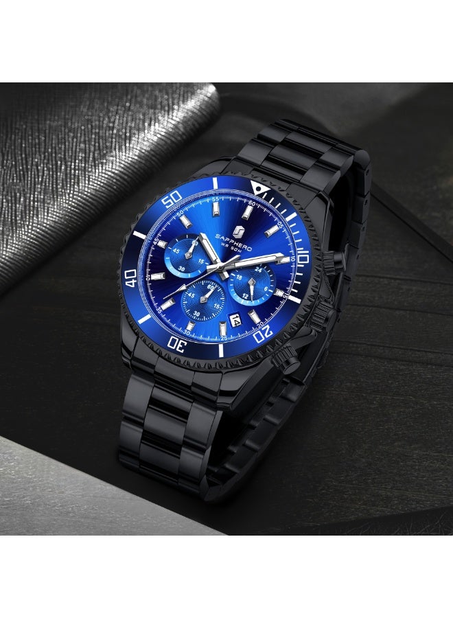 سافيرو ساعة سابفيرو كرونوغراف رجالية من الفولاذ المقاوم للصدأ، مقاومة للماء حتى عمق 50 مترًا، ساعة كوارتز تناظرية مع عرض التاريخ، ساعة كلاسيكية فاخرة وأنيقة، هدية مثالية للرجال. - Image 5